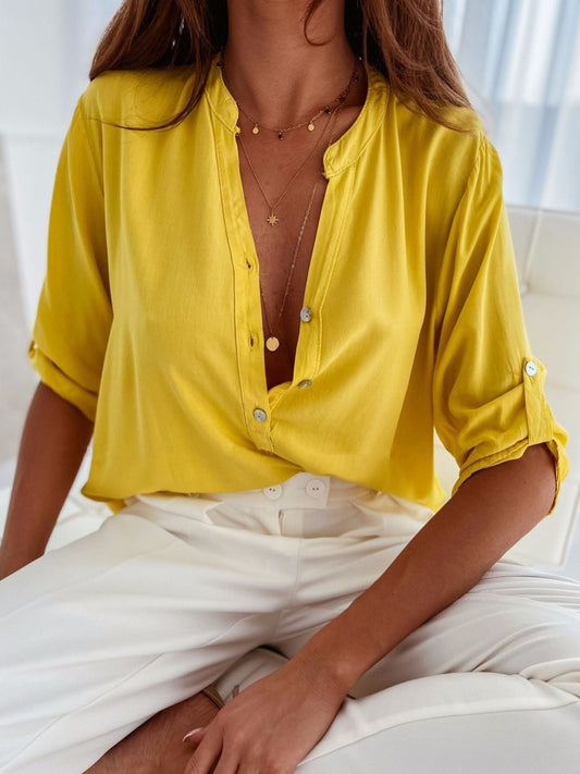 Half Button Notched Half Sleeve Blouse - Enchanting Top