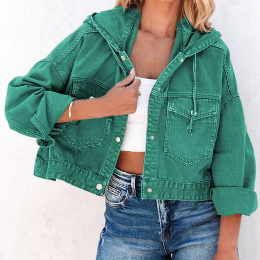 Hooded Dropped Shoulder Denim Jacket - Enchanting Top