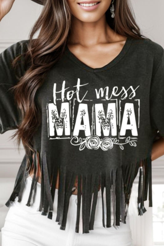 HOT MESS MAMA Fringe Round Neck T-Shirt - Enchanting Top