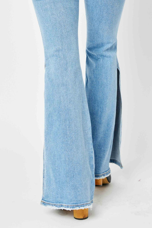 Judy Blue Full Size Mid Rise Raw Hem Slit Flare Jeans - Enchanting Top