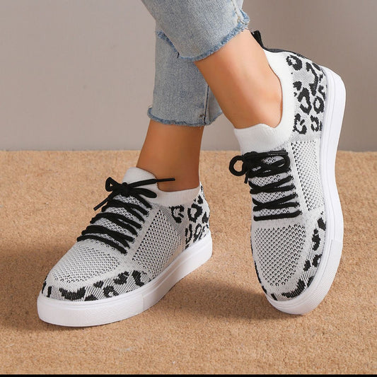 Lace-Up Leopard Flat Sneakers - Enchanting Top