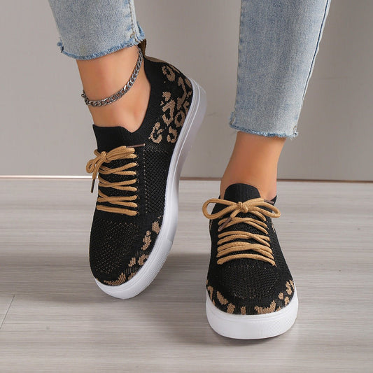 Lace-Up Leopard Flat Sneakers - Enchanting Top