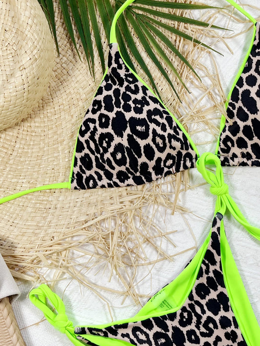 Leopard Print Halter Neck Tie Side Bikini Set - Enchanting Top