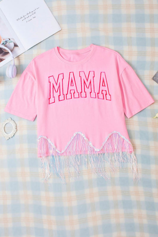 MAMA Sequin Fringe Round Neck T-Shirt - Enchanting Top