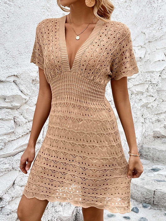 Openwork Plunge Short Sleeve Cover-Up Dress - Enchanting Top