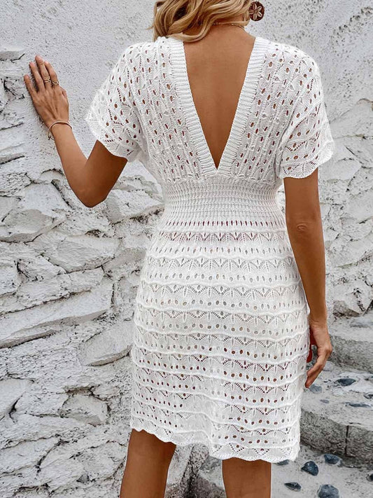 Openwork Plunge Short Sleeve Cover-Up Dress - Enchanting Top