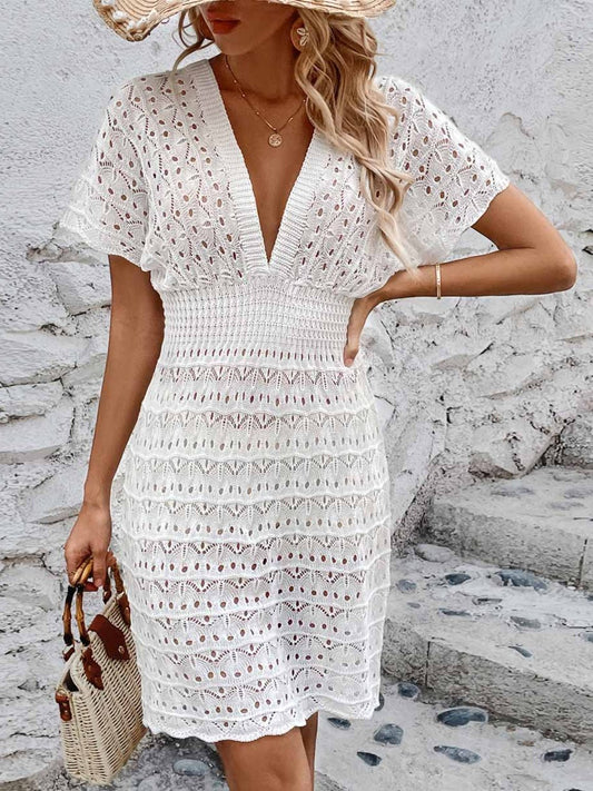 Openwork Plunge Short Sleeve Cover-Up Dress - Enchanting Top