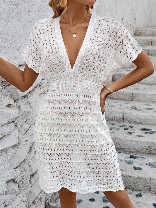 Openwork Plunge Short Sleeve Cover-Up Dress - Enchanting Top