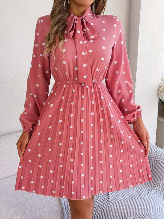 Polka Dot Tie Neck Pleated Dress - Enchanting Top