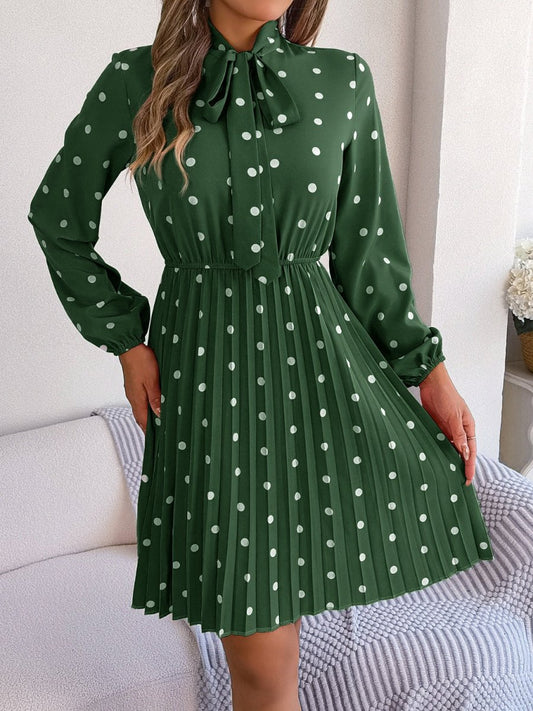 Polka Dot Tie Neck Pleated Dress - Enchanting Top