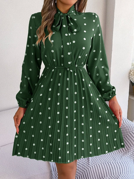 Polka Dot Tie Neck Pleated Dress - Enchanting Top