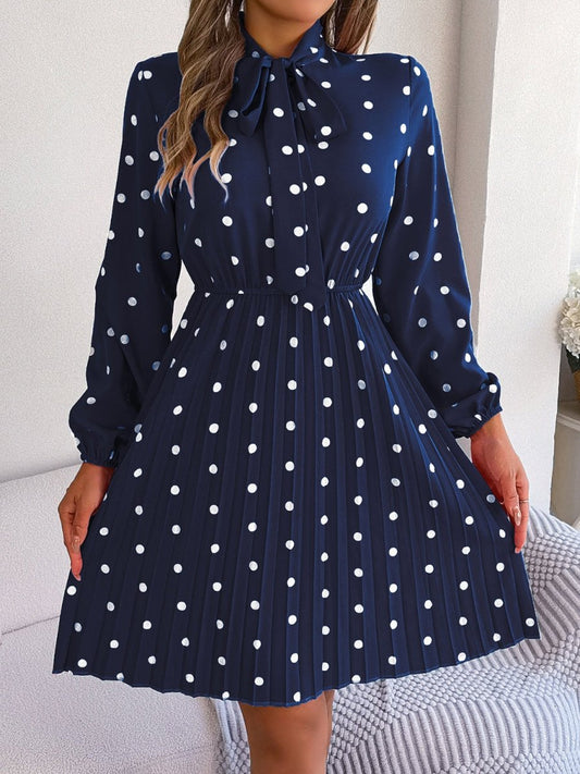 Polka Dot Tie Neck Pleated Dress - Enchanting Top