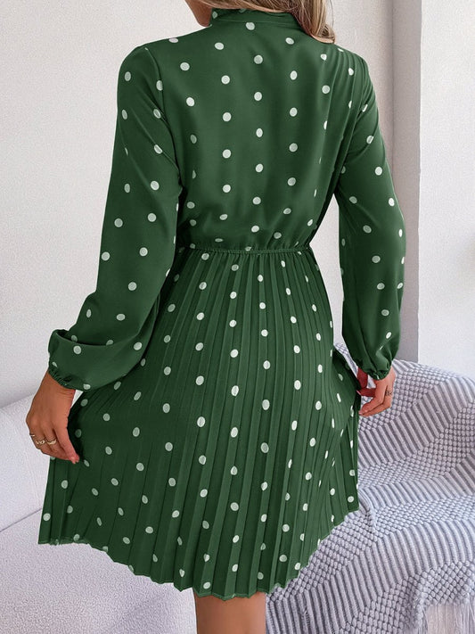 Polka Dot Tie Neck Pleated Dress - Enchanting Top