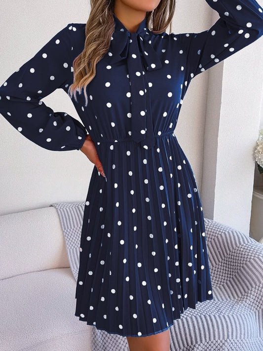 Polka Dot Tie Neck Pleated Dress - Enchanting Top