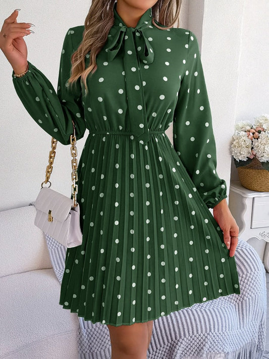 Polka Dot Tie Neck Pleated Dress - Enchanting Top