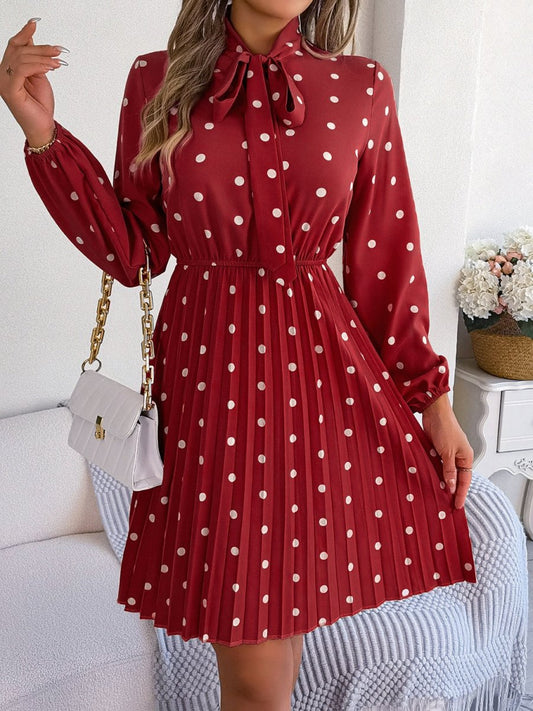 Polka Dot Tie Neck Pleated Dress - Enchanting Top