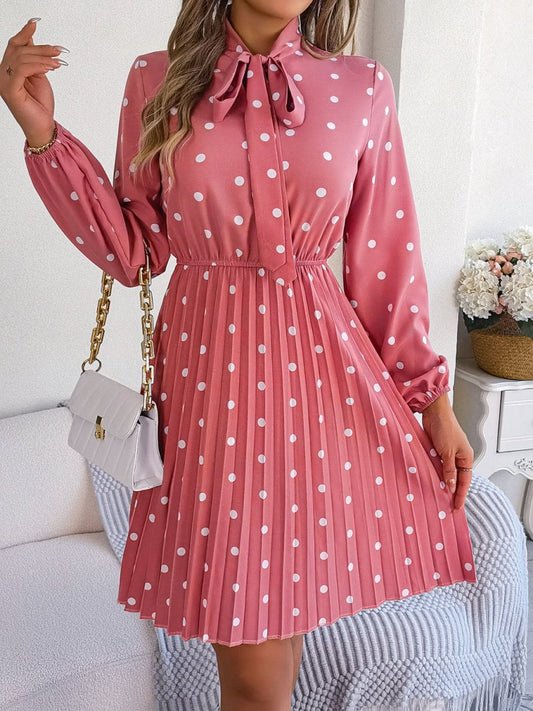 Polka Dot Tie Neck Pleated Dress - Enchanting Top