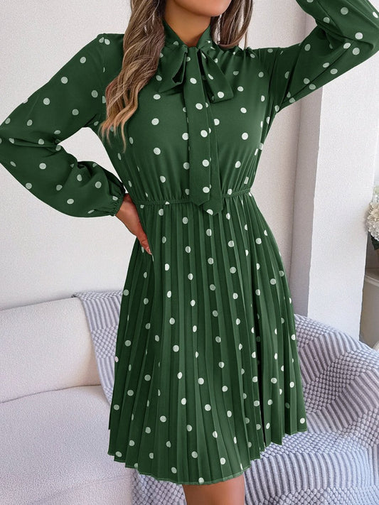 Polka Dot Tie Neck Pleated Dress - Enchanting Top