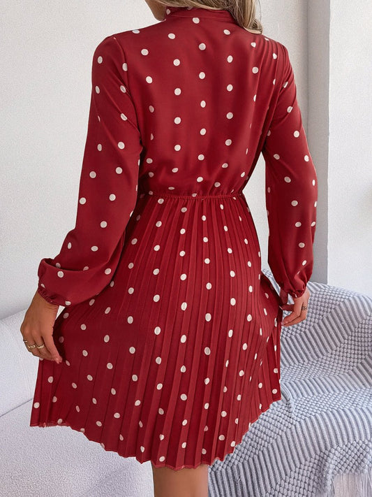 Polka Dot Tie Neck Pleated Dress - Enchanting Top