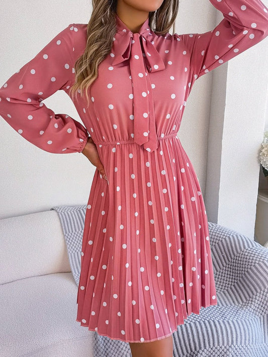 Polka Dot Tie Neck Pleated Dress - Enchanting Top