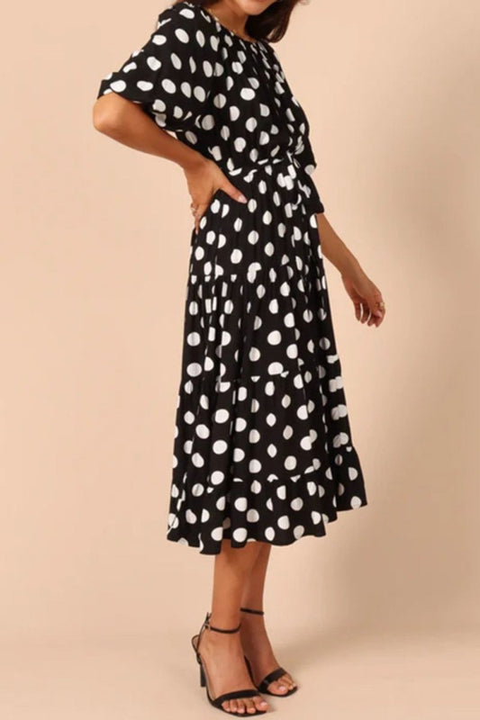 Polka Dot Tie Waist Midi Dress - Enchanting Top