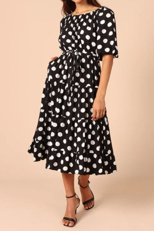 Polka Dot Tie Waist Midi Dress - Enchanting Top