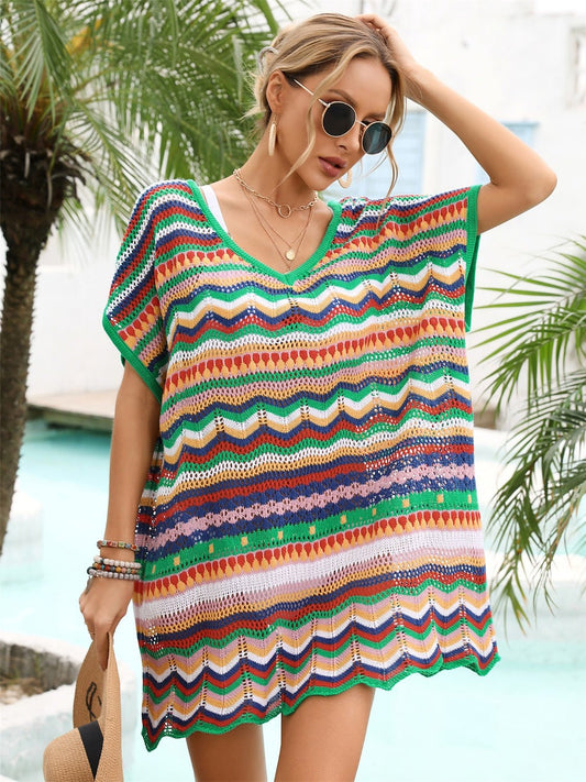 Rainbow Stripe Scalloped V-Neck Cover-Up Dress - Enchanting Top