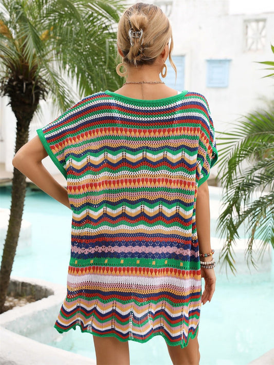 Rainbow Stripe Scalloped V-Neck Cover-Up Dress - Enchanting Top