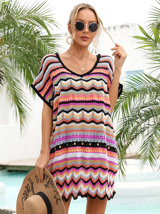 Rainbow Stripe Scalloped V-Neck Cover-Up Dress - Enchanting Top