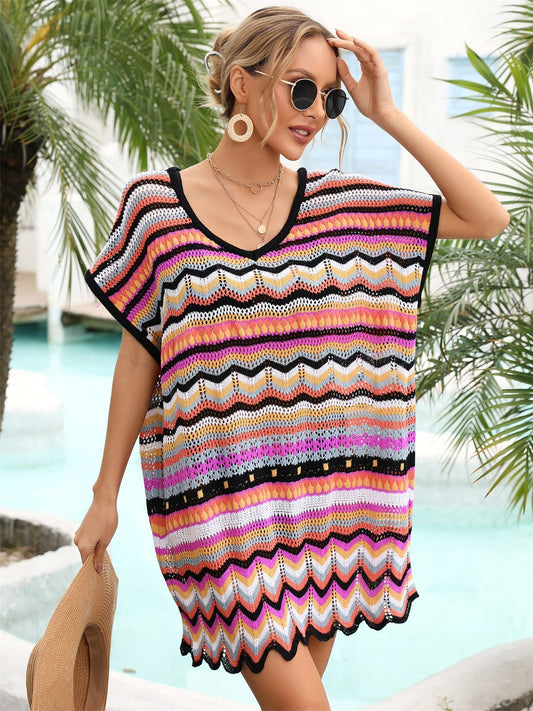 Rainbow Stripe Scalloped V-Neck Cover-Up Dress - Enchanting Top