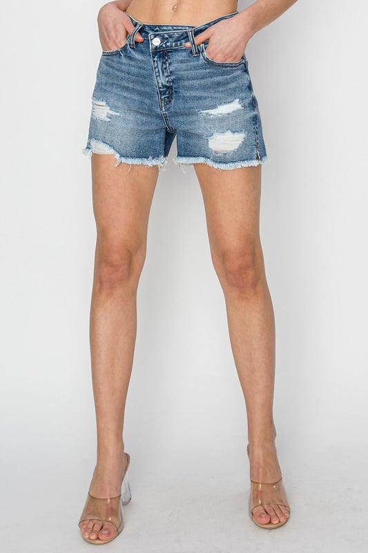 RISEN Stepped Waist Frayed Denim Shorts - Enchanting Top