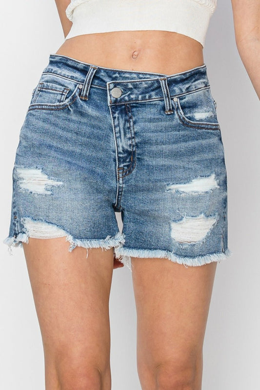 RISEN Stepped Waist Frayed Denim Shorts - Enchanting Top