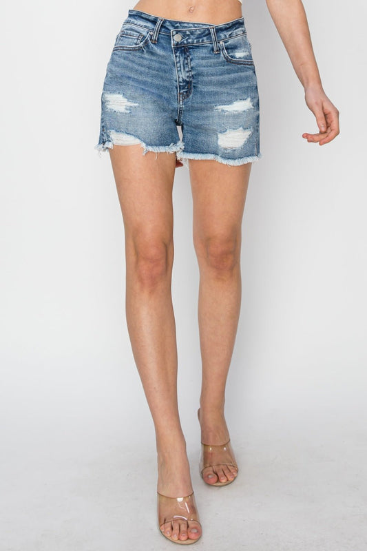 RISEN Stepped Waist Frayed Denim Shorts - Enchanting Top