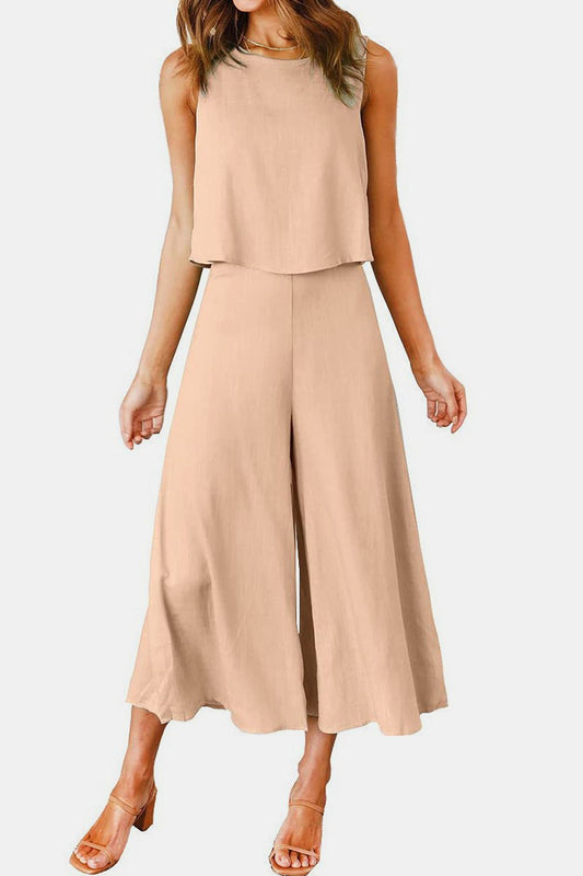 Round Neck Top and Wide Leg Pants Set - Enchanting Top