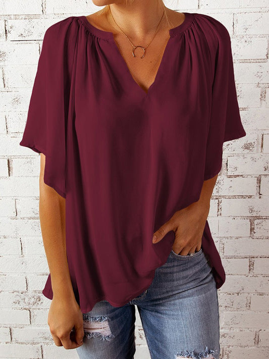 Ruched Notched Half Sleeve Blouse - Enchanting Top