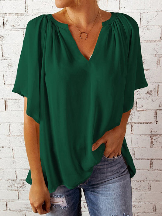 Ruched Notched Half Sleeve Blouse - Enchanting Top