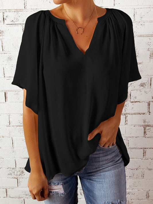 Ruched Notched Half Sleeve Blouse - Enchanting Top