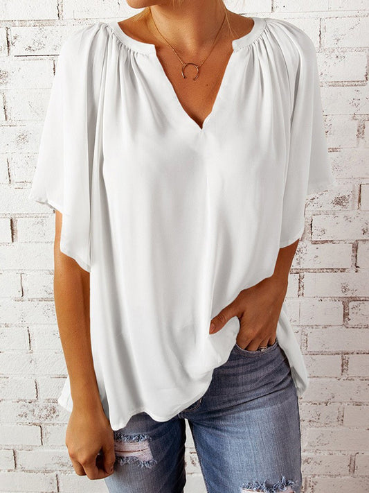 Ruched Notched Half Sleeve Blouse - Enchanting Top