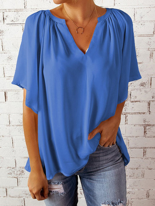 Ruched Notched Half Sleeve Blouse - Enchanting Top