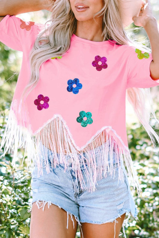 Sequin Flower Round Neck Half Sleeve T-Shirt - Enchanting Top