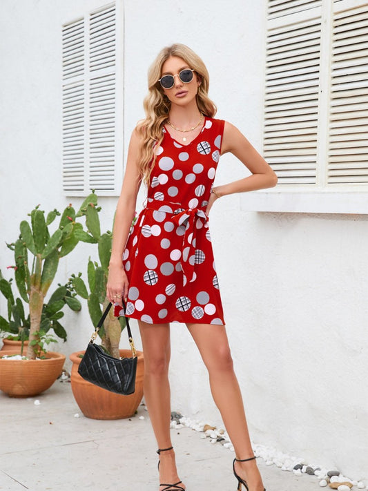 Tied Polka Dot V-Neck Dress - Enchanting Top