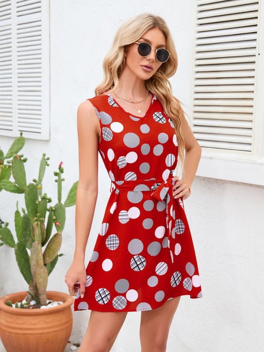 Tied Polka Dot V-Neck Dress - Enchanting Top