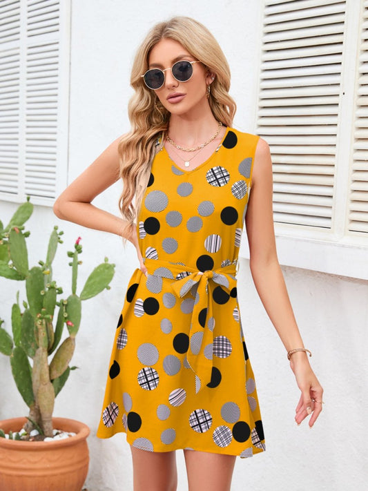 Tied Polka Dot V-Neck Dress - Enchanting Top