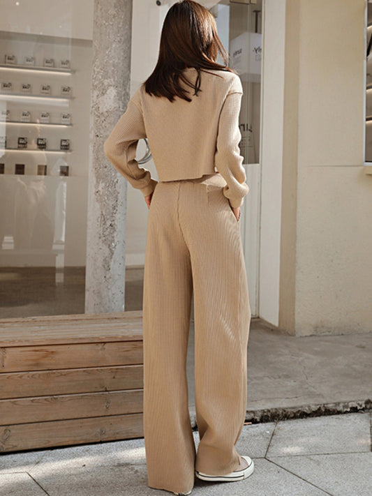 Waffle-Knit Round Neck Top and Pants Set - Enchanting Top