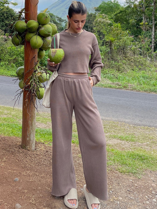 Waffle-Knit Round Neck Top and Pants Set - Enchanting Top