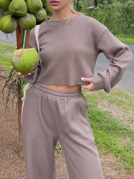 Waffle-Knit Round Neck Top and Pants Set - Enchanting Top